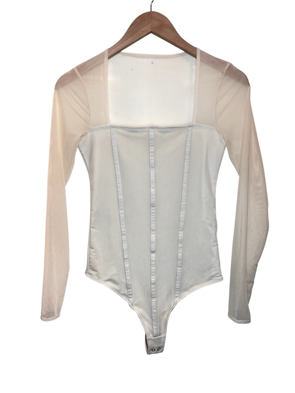 Abercrombie & Fitch Women's Long-Sleeve Mesh Corset Cream Bodysuit- Small